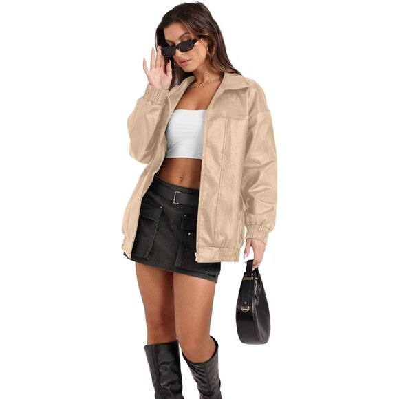 Women Faux Leather Jacket Oversized Apricot Bomber Coat Fall Winter Outfits - Picture 2 of 3